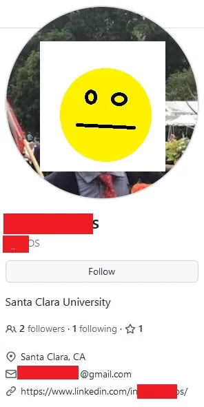 GitHub account profile showing personal information
