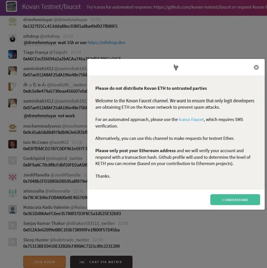 Kovan Testnet faucet Gitter chat showing users posting Ethereum addresses