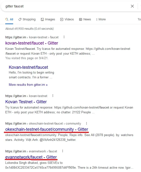 Google search for gitter faucet showing other blockchain faucets
