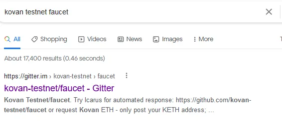 Google search result for kovan testnet faucet
