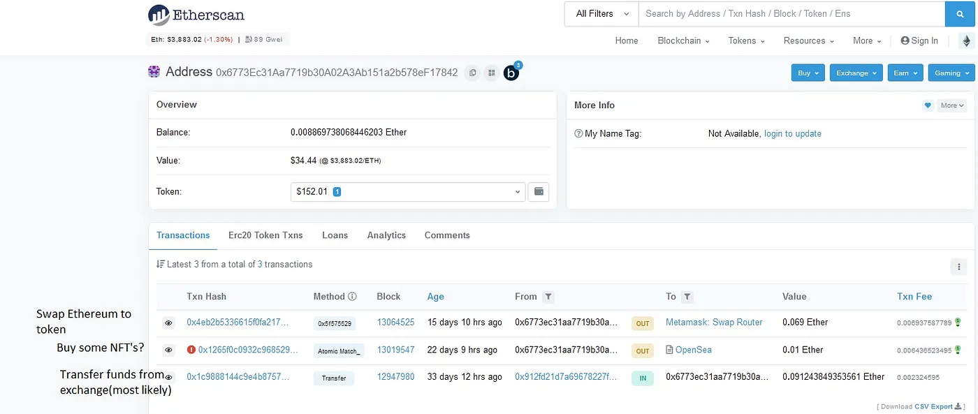 Ethereum mainnet Etherscan showing real financial activity