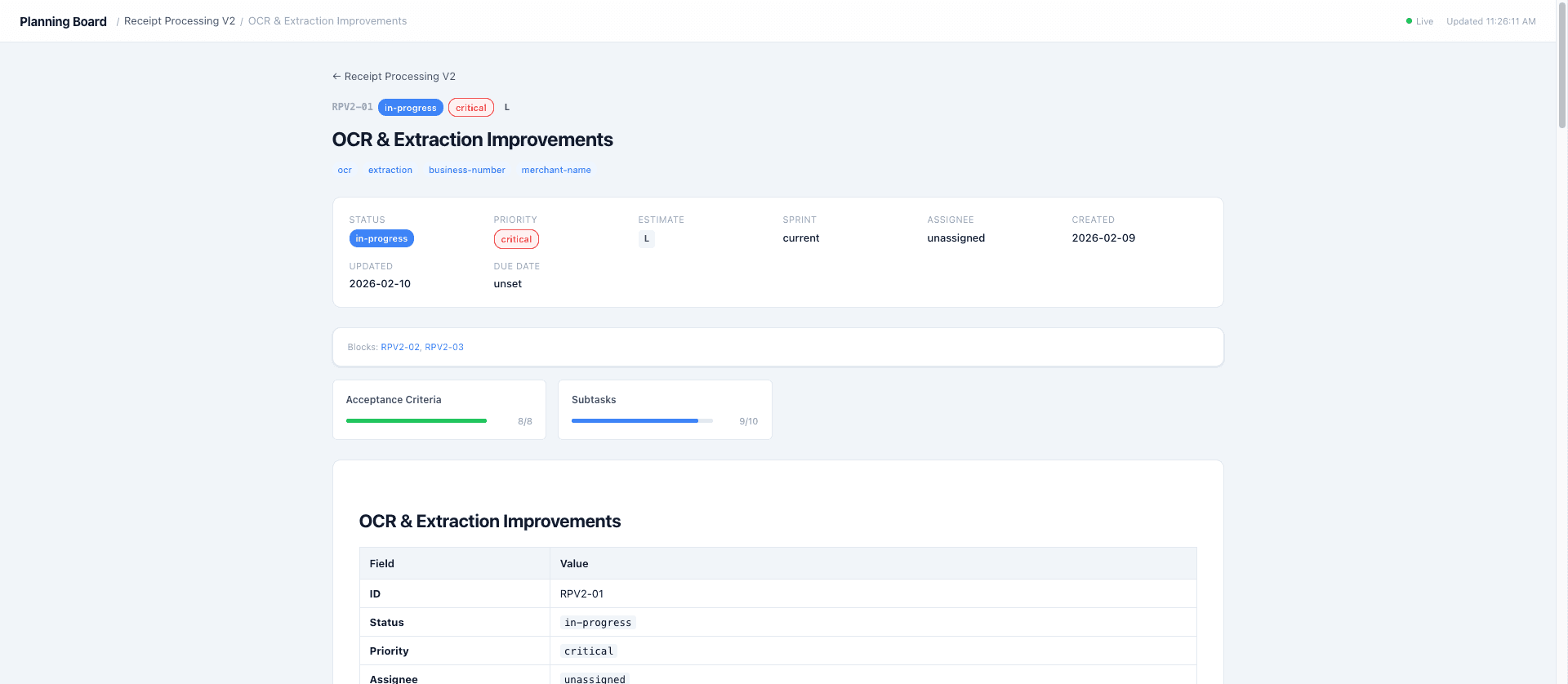 Task detail view showing metadata grid, progress bars for acceptance criteria and subtasks